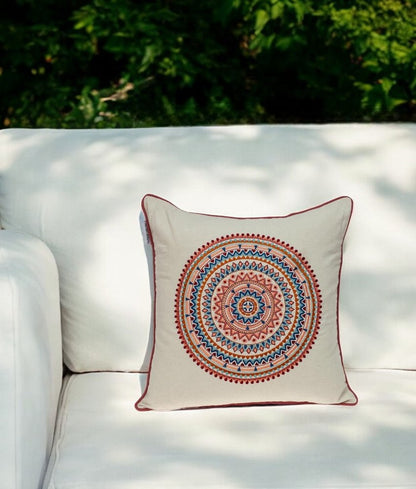 18" X 18" Beige and Blue Abstract Indoor Outdoor Throw Pillow