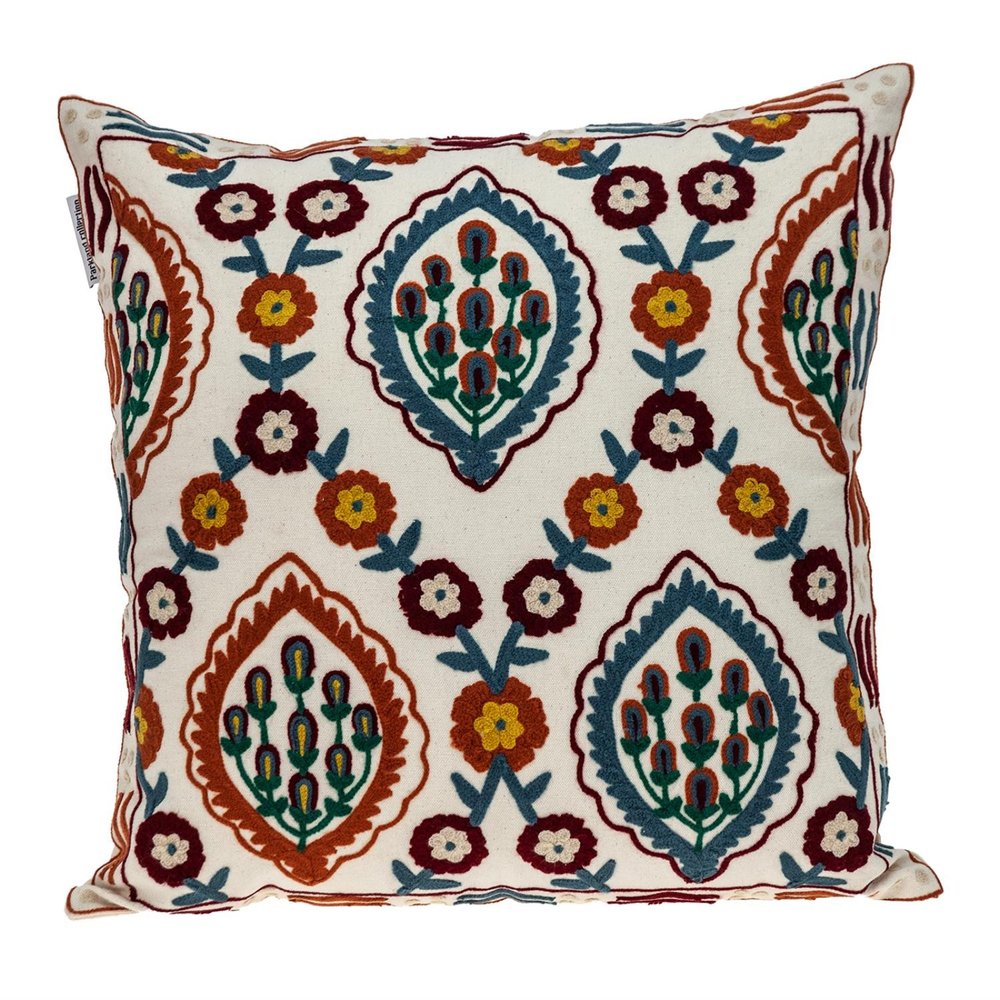 18" Beige Orange And Teal Floral Cotton Blend Throw Pillow with Embroidery