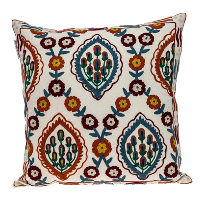 18" Beige Orange And Teal Floral Cotton Blend Throw Pillow with Embroidery