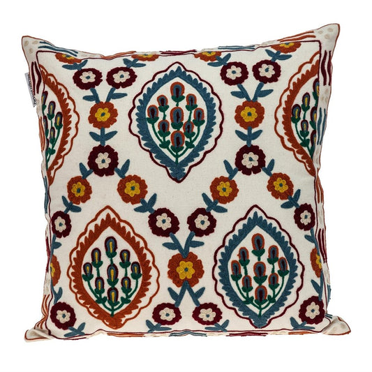 18" Beige Orange And Teal Floral Cotton Blend Throw Pillow with Embroidery