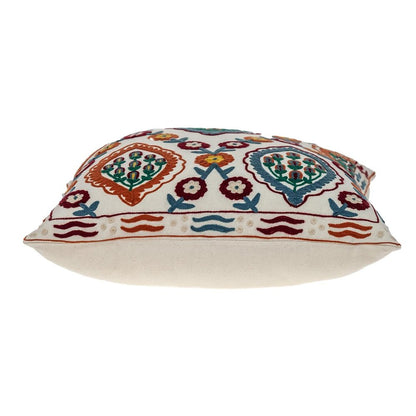 18" Beige Orange And Teal Floral Cotton Blend Throw Pillow with Embroidery