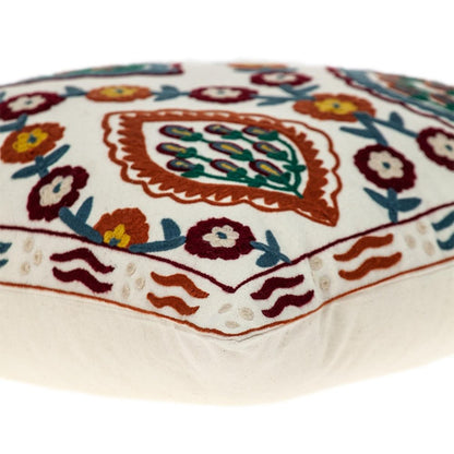 18" Beige Orange And Teal Floral Cotton Blend Throw Pillow with Embroidery
