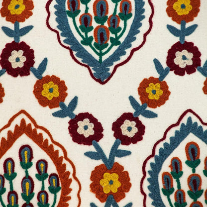 18" Beige Orange And Teal Floral Cotton Blend Throw Pillow with Embroidery