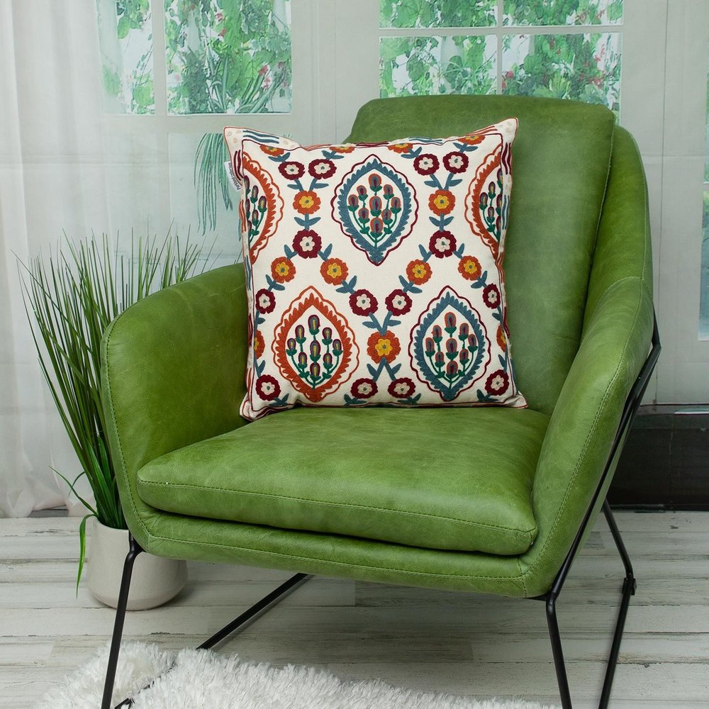 18" Beige Orange And Teal Floral Cotton Blend Throw Pillow with Embroidery