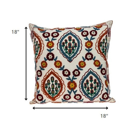 18" Beige Orange And Teal Floral Cotton Blend Throw Pillow with Embroidery