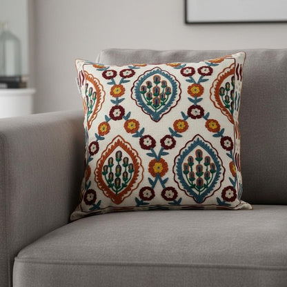 18" Beige Orange And Teal Floral Cotton Blend Throw Pillow with Embroidery