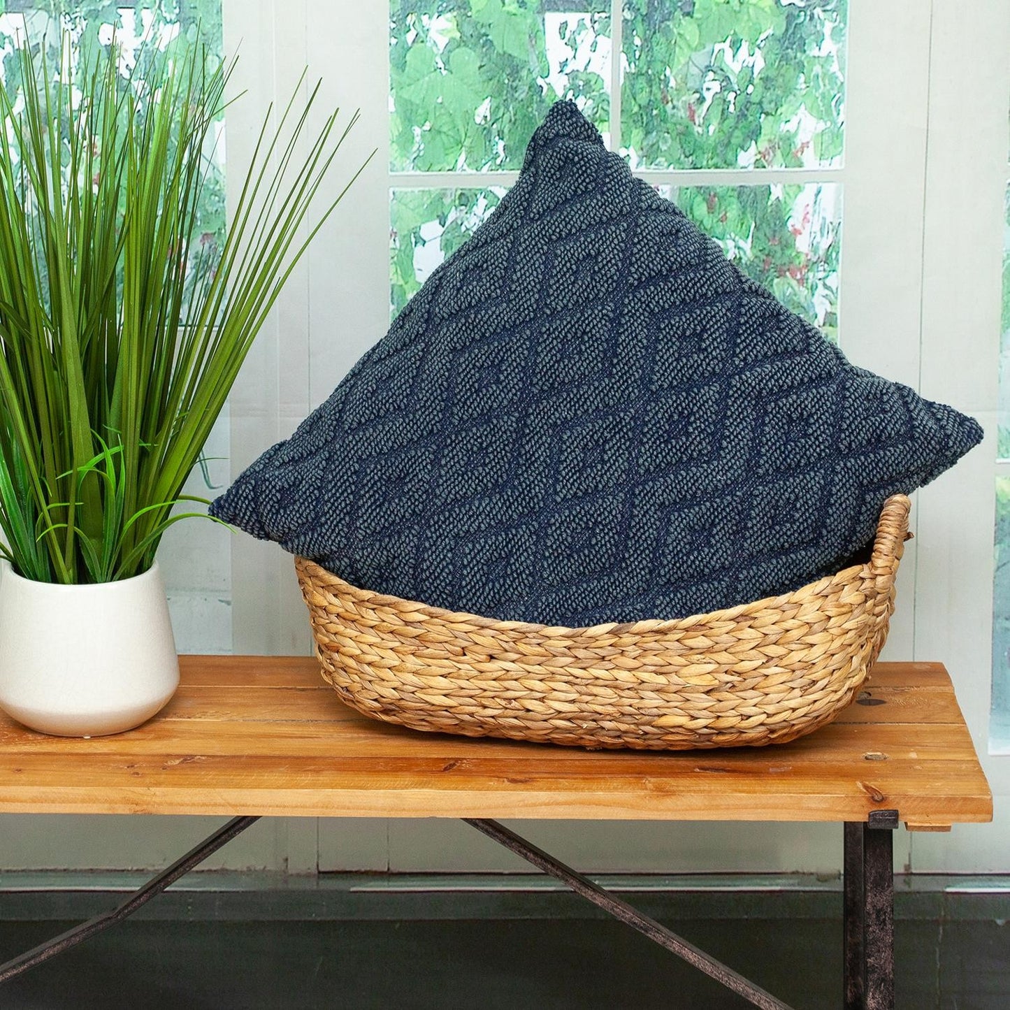 Jacquard Diamond Pattern Decorative Navy Throw Pillow