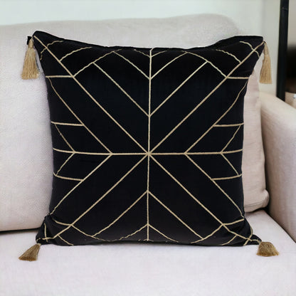 Black and Gold Geo Velvet Throw Pillow with Gold Tassels