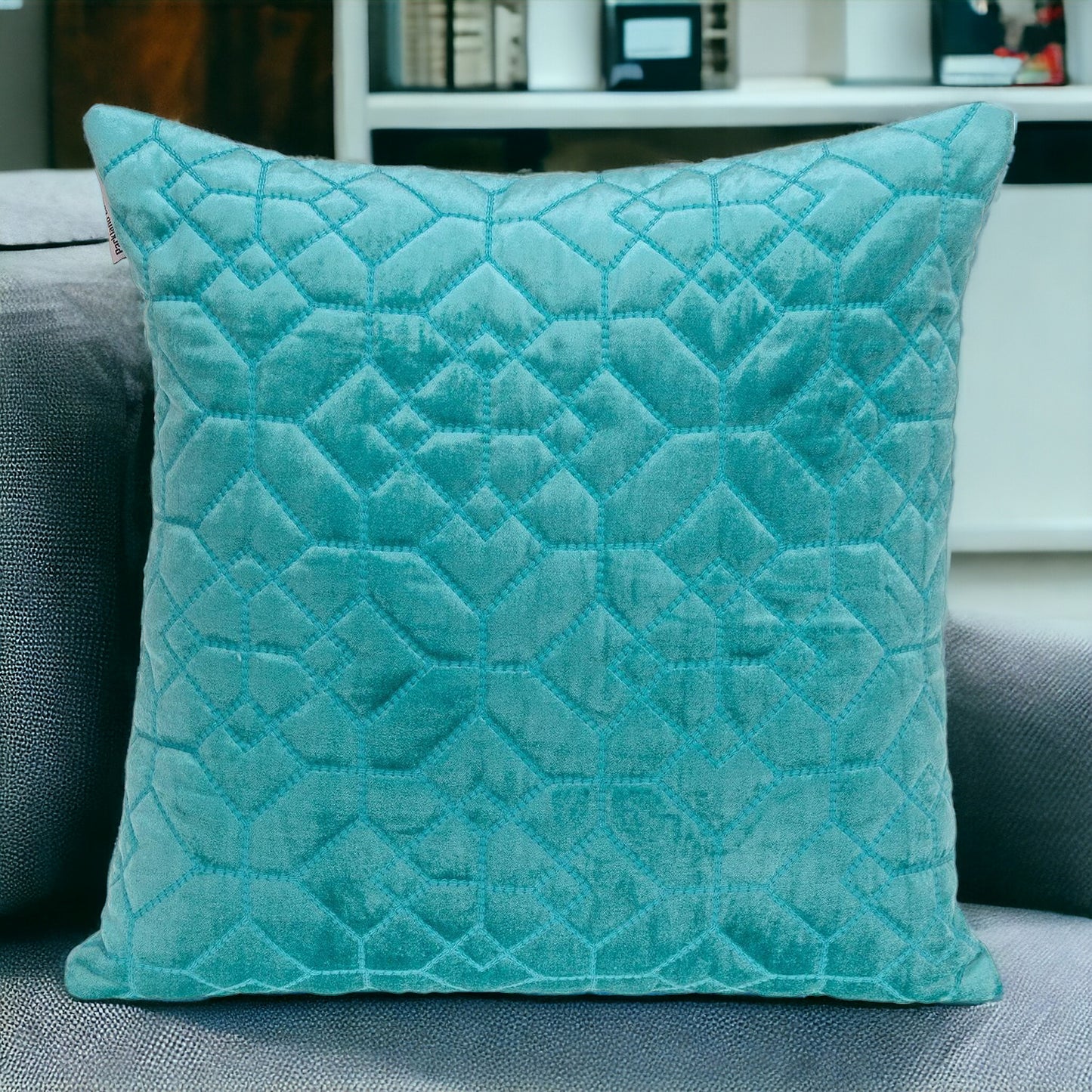 Aqua Quilted Velvet Geo Decorative Throw Pillow