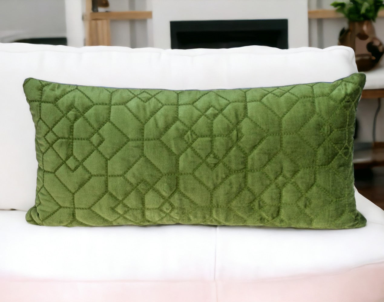 Olive Quilted Velvet Geo Lumbar Decorative Pillow