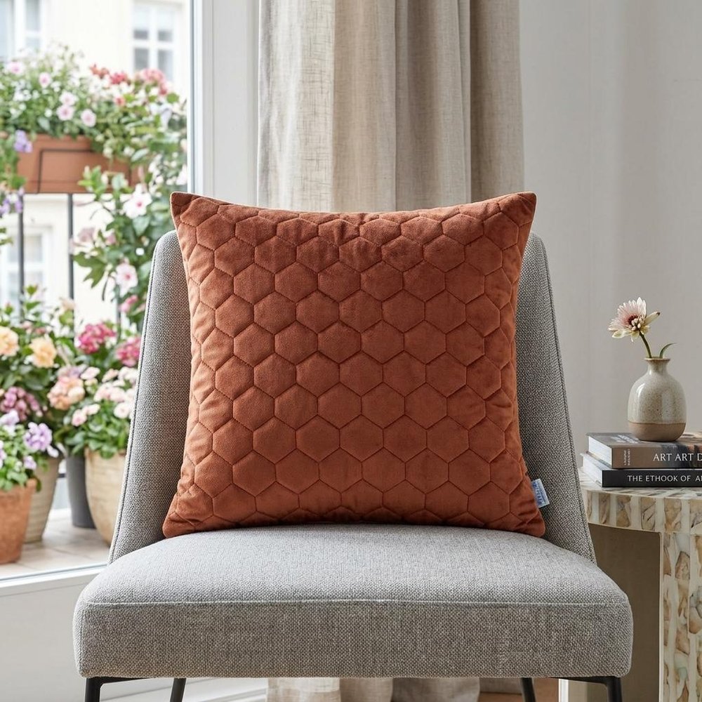 20" Burnt Orange Quilted Honeycomb Velvet Throw Pillow