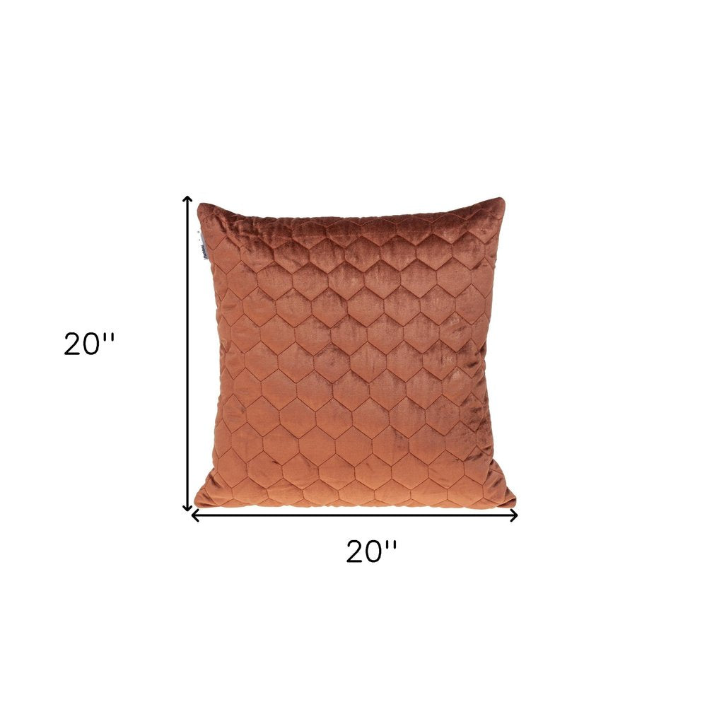 20" Burnt Orange Quilted Honeycomb Velvet Throw Pillow