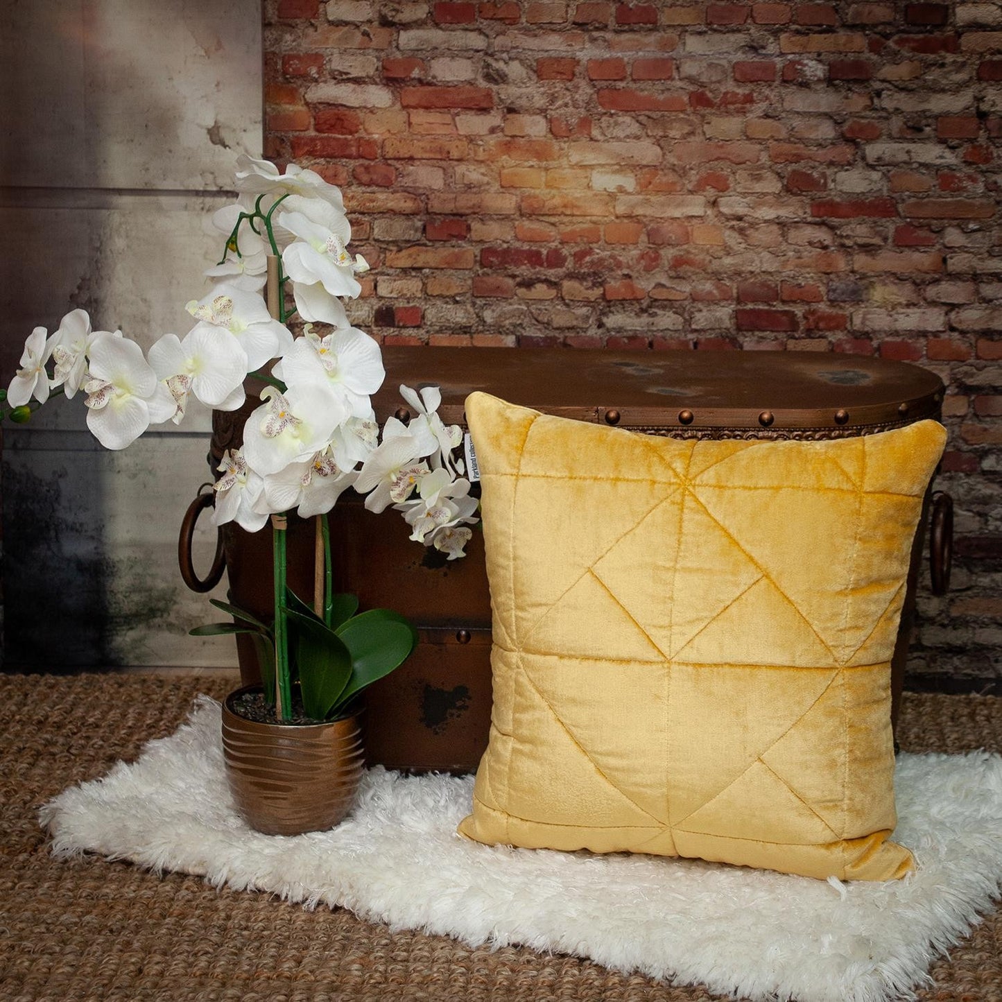 Yellow Chunky Geo Stitched Velvet Decorative Throw Pillow