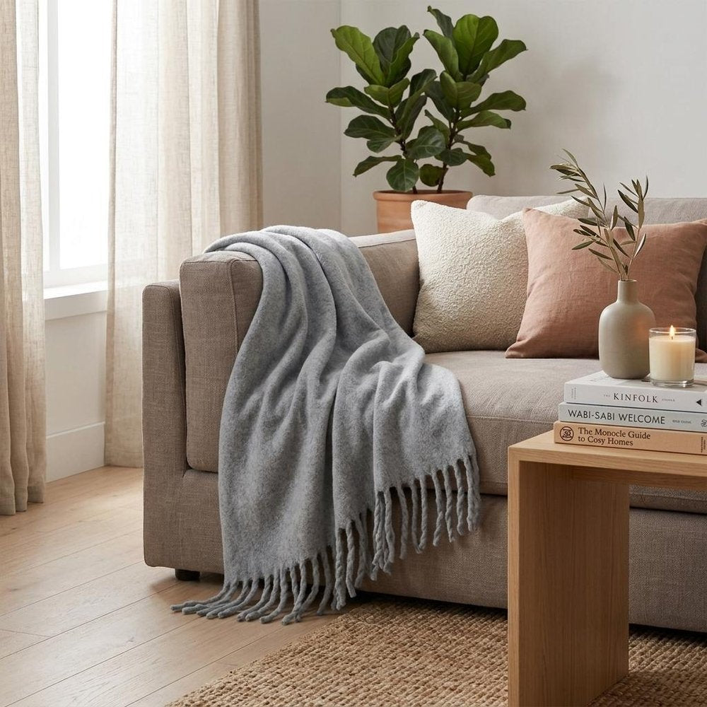 Gray Knitted Acrylic Solid Color Reversable Throw