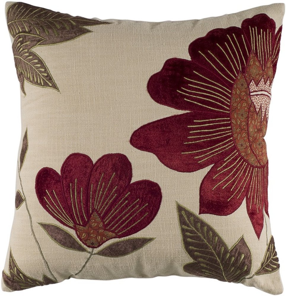 18" Beige and Red Floral Throw Pillow With Embroidery