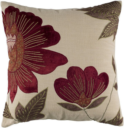 18" Beige and Red Floral Throw Pillow With Embroidery