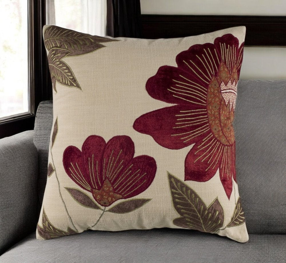 18" Beige and Red Floral Throw Pillow With Embroidery