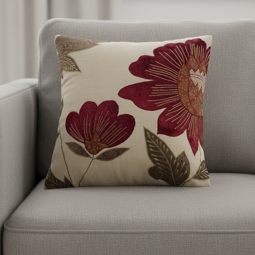 18" Beige and Red Floral Throw Pillow With Embroidery
