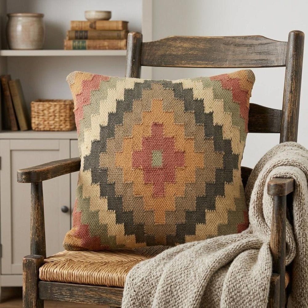 18" Brown and Green Geometric Jute Wool Blend Throw Pillow