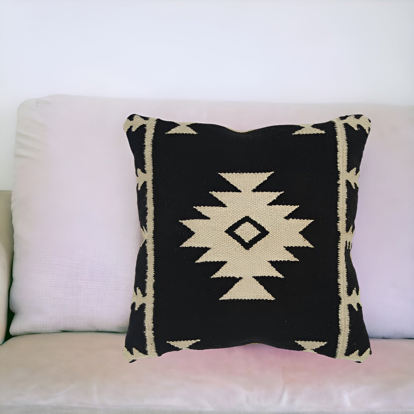 18" Beige and Black Cotton Throw Pillow