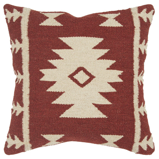 18" Red and Beige Cotton Throw Pillow