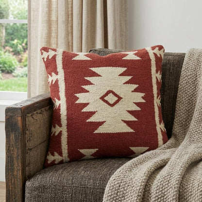 18" Red and Beige Cotton Throw Pillow