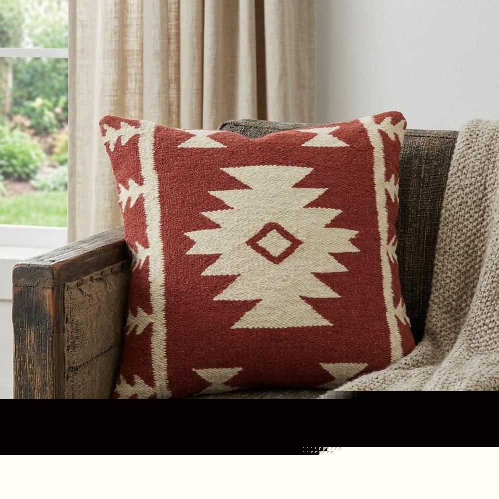 18" Red and Beige Cotton Throw Pillow
