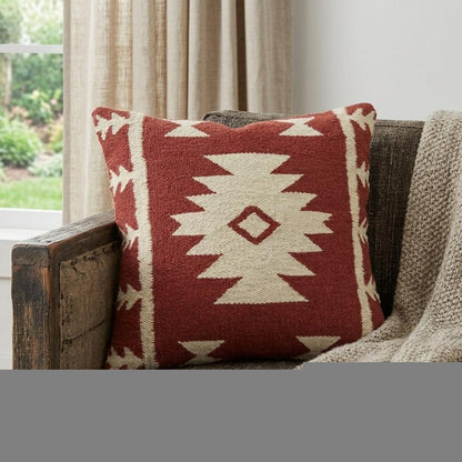18" Red and Beige Cotton Throw Pillow