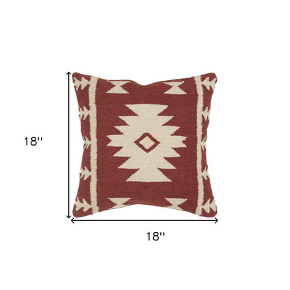 18" Red and Beige Cotton Throw Pillow