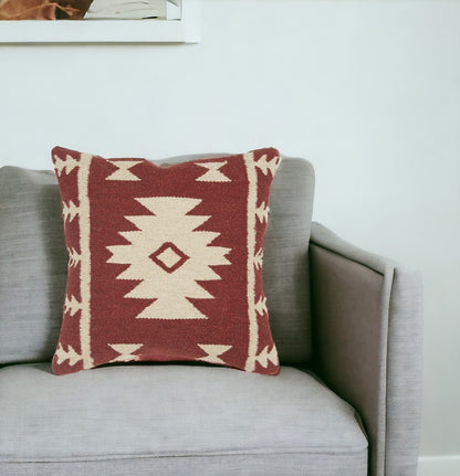 18" Red and Beige Cotton Throw Pillow