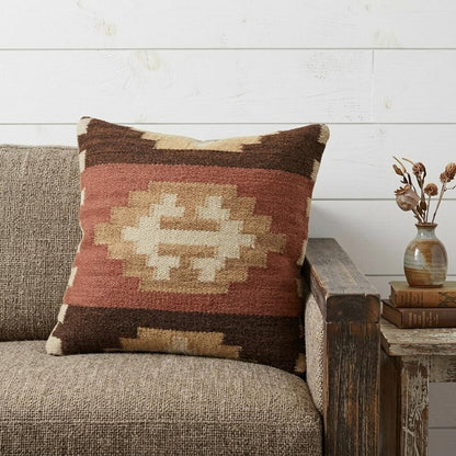 18" Brown and Beige Geometric Jute Wool Blend Throw Pillow