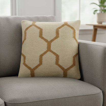 18" Natural And Gold Quatrefoil Cotton Throw Pillow