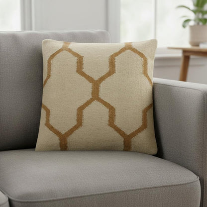 18" Natural And Gold Quatrefoil Cotton Throw Pillow
