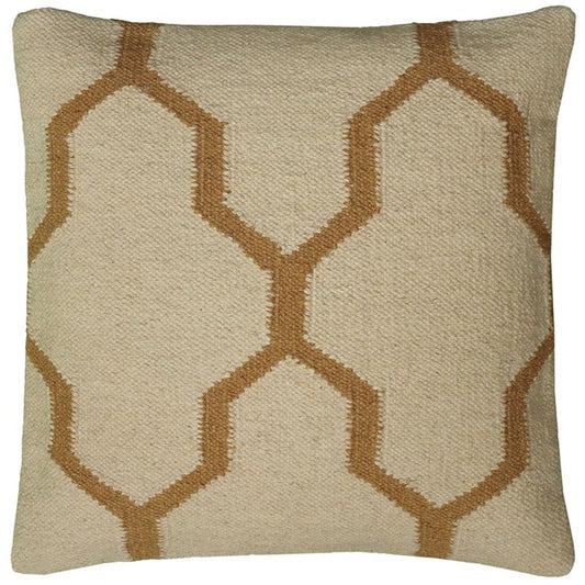 18" Natural And Gold Quatrefoil Cotton Throw Pillow
