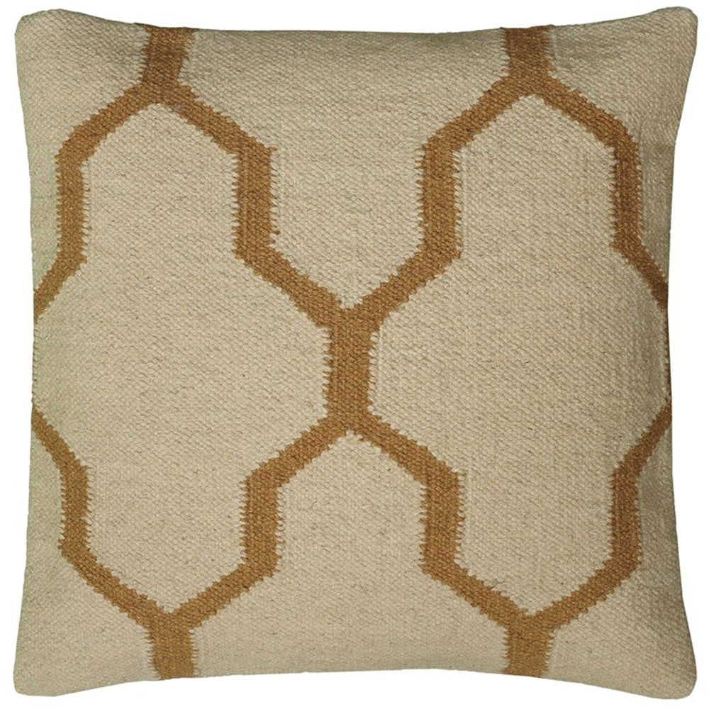 18" Natural And Gold Quatrefoil Cotton Throw Pillow
