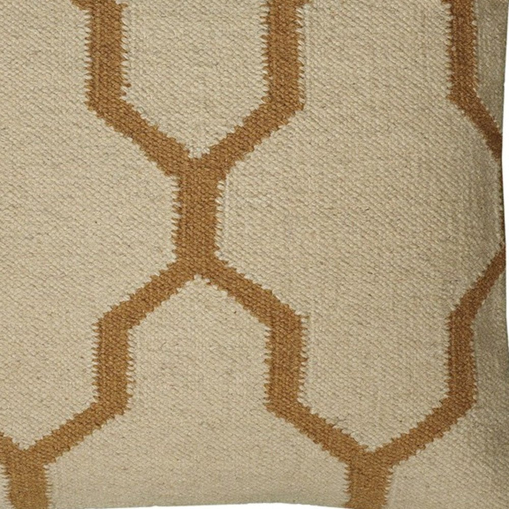18" Natural And Gold Quatrefoil Cotton Throw Pillow