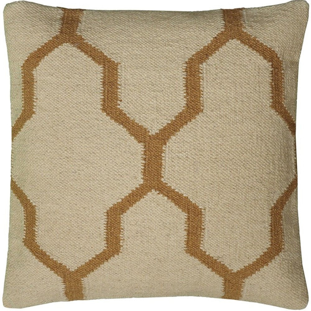 18" Natural And Gold Quatrefoil Cotton Throw Pillow