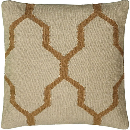 18" Natural And Gold Quatrefoil Cotton Throw Pillow