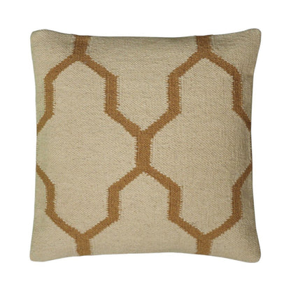 18" Natural And Gold Quatrefoil Cotton Throw Pillow