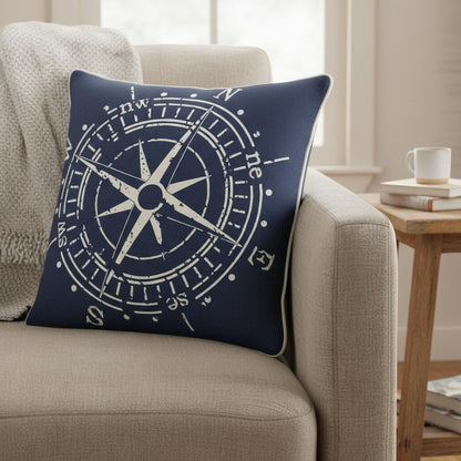 18" Navy and White Nautical Compass Throw Pillow