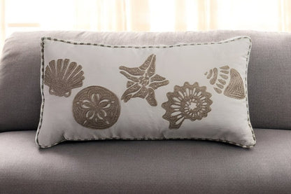 11" X 21" Beige and Khaki Seashells Cotton Throw Pillow with Embroidery
