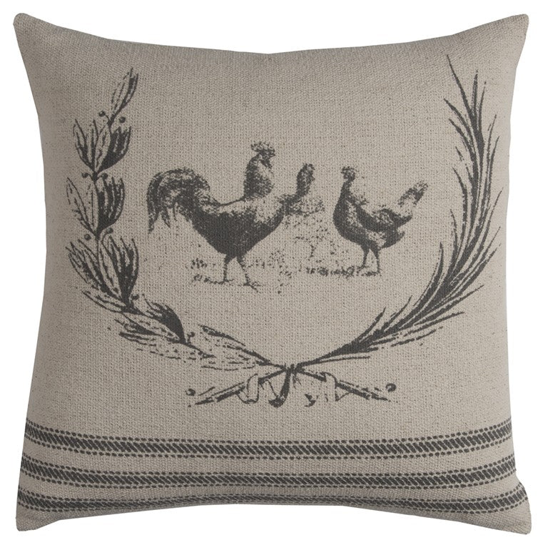 20" Natural and Gray Rooster Cotton Throw Pillow