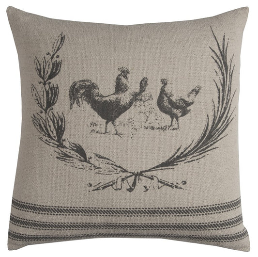 20" Natural and Gray Rooster Cotton Throw Pillow