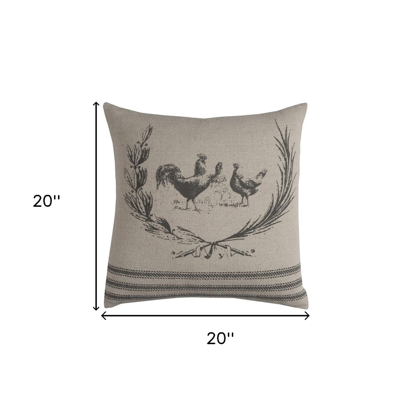 20" Natural and Gray Rooster Cotton Throw Pillow