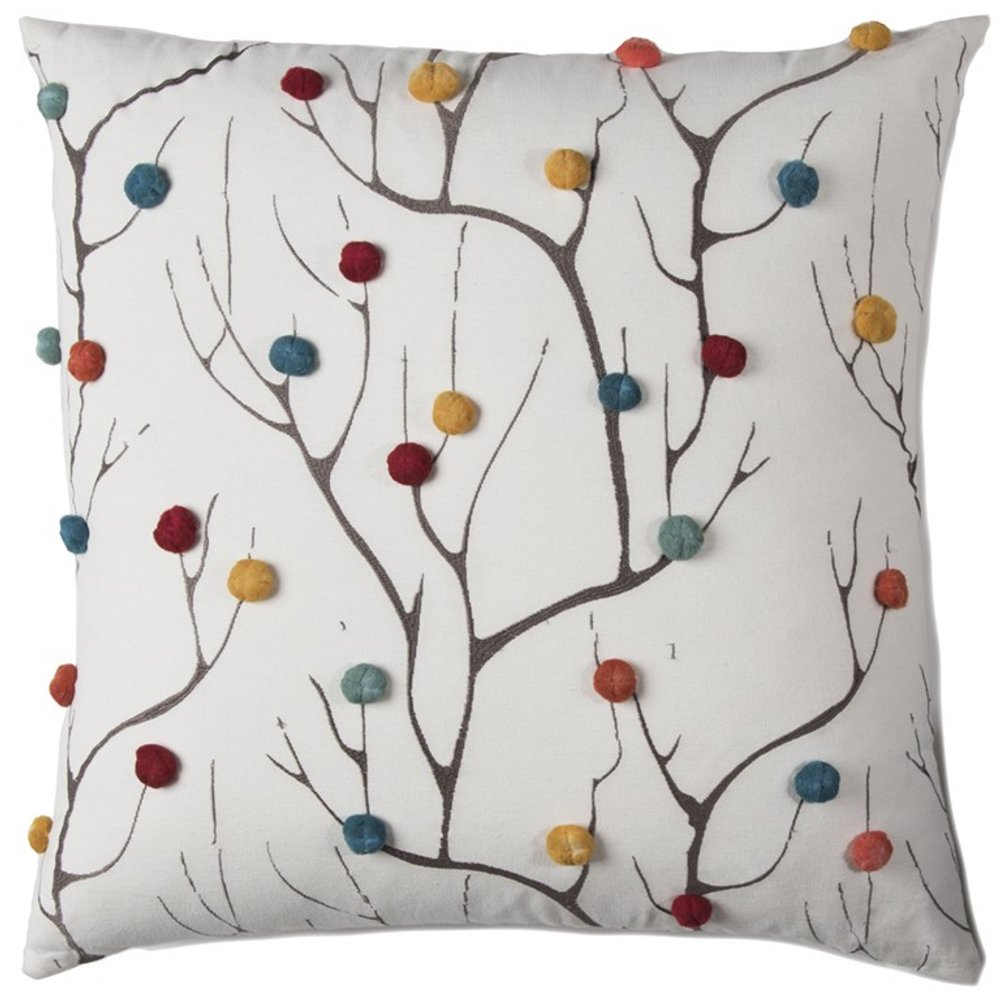 20" White And Black Coral Indoor Outdoor Throw Pillow With Pompoms