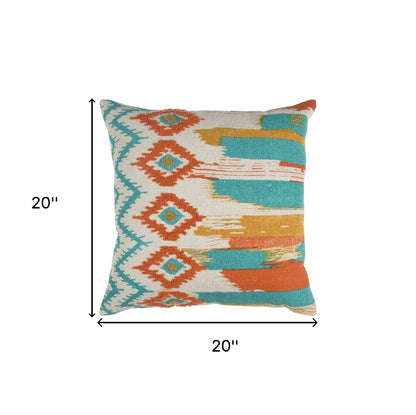 20" X 20" Ivory Blue and Orange Ikat Cotton Zippered Pillow With Embroidery