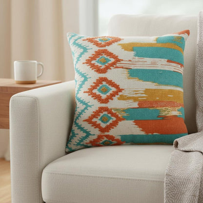 20" X 20" Ivory Blue and Orange Ikat Cotton Zippered Pillow With Embroidery