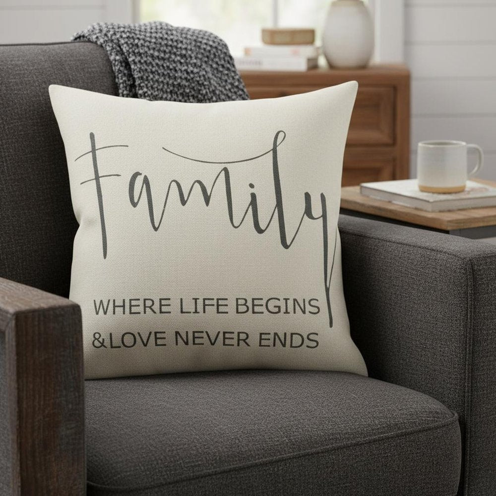 Gray Cream Canvas Family Love Throw Pillow