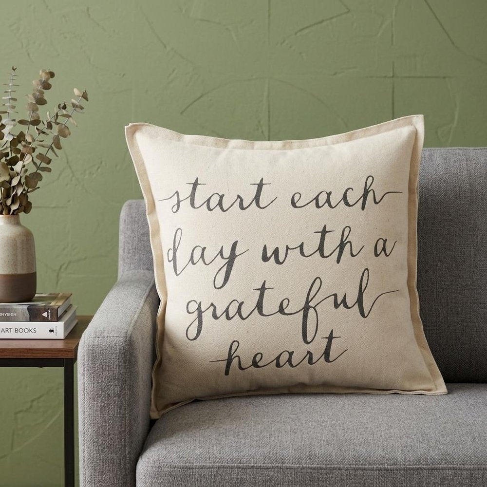 20" Natural and Gray Grateful Heart Cotton Throw Pillow