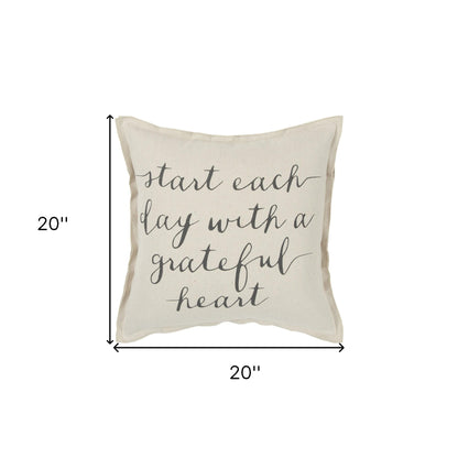 20" Natural and Gray Grateful Heart Cotton Throw Pillow